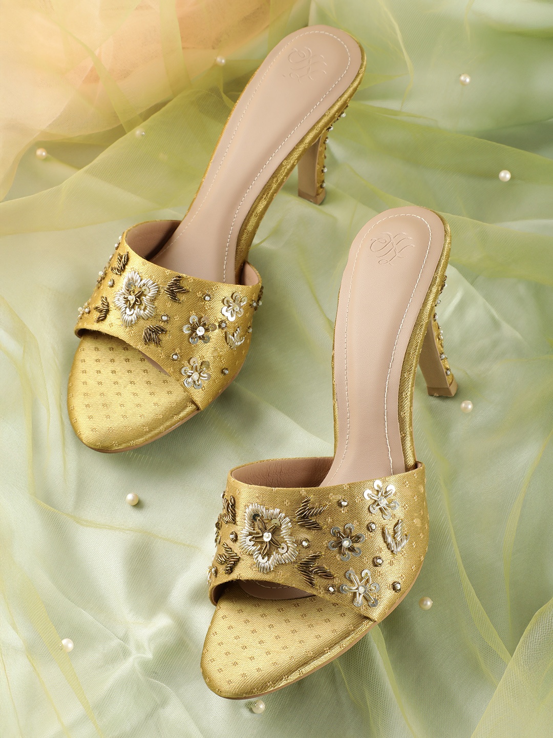 

House of Pataudi Embellished Handcrafted Slim Heels, Gold