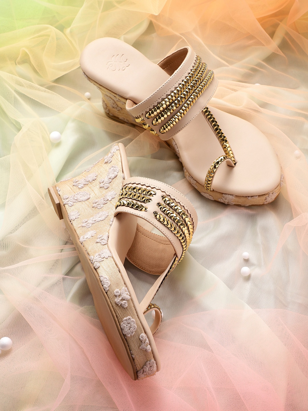 

House of Pataudi Beige & Gold-Toned Braided Handcrafted Wedges