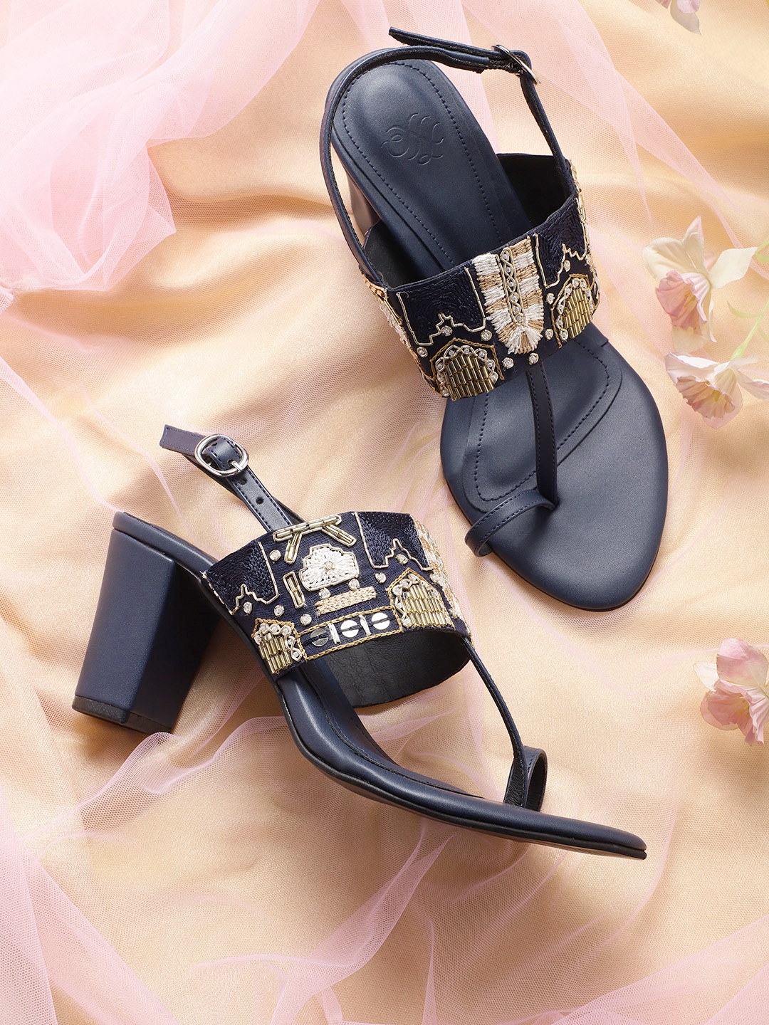 

House of Pataudi Women Navy Blue & Gold-Toned Ethnic Embellished Handcrafted Block Heels