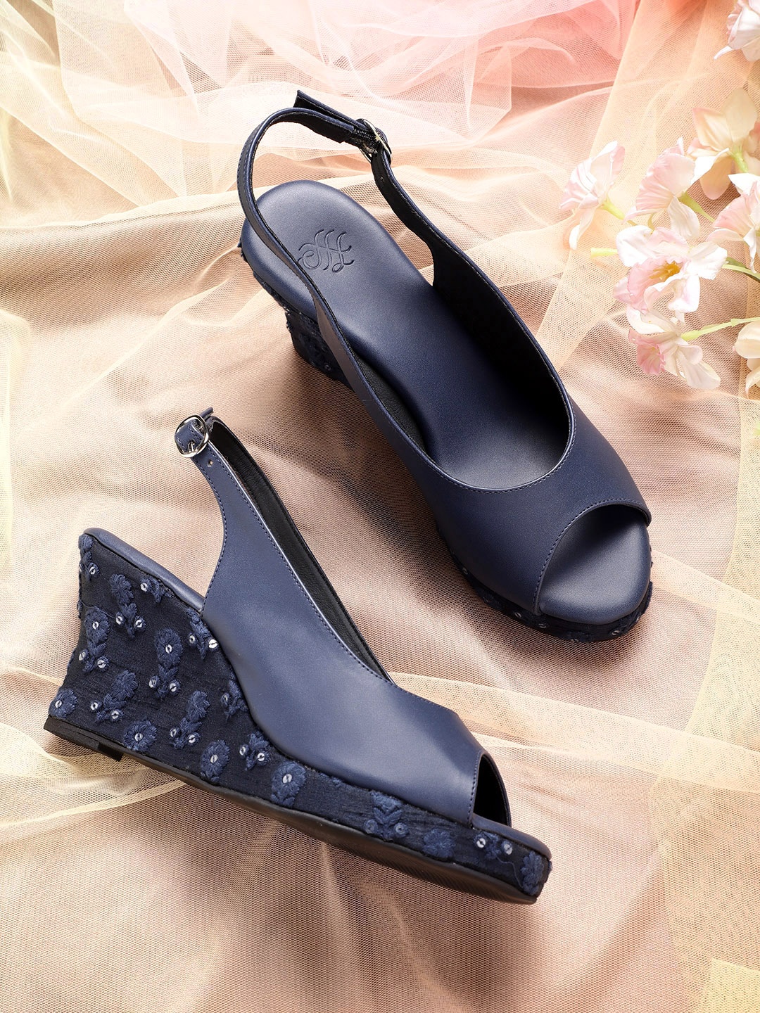 

House of Pataudi Women Navy Blue Handcrafted Peeptoe Wedges