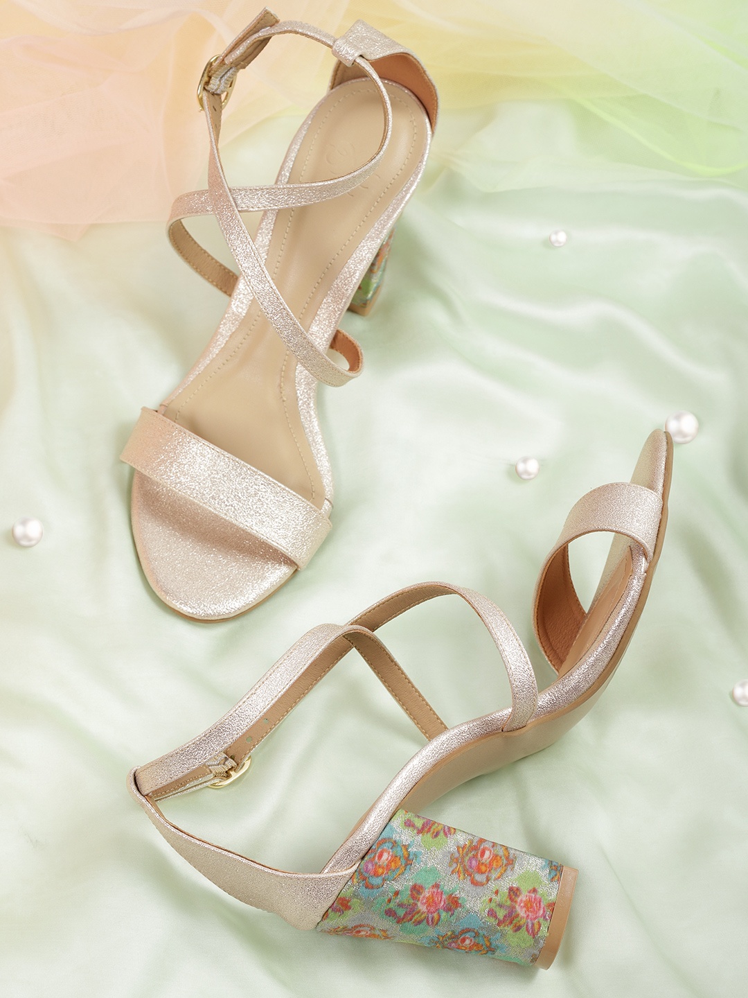 

House of Pataudi Women Muted Gold-Toned & Sea Green Open-Toe Heels