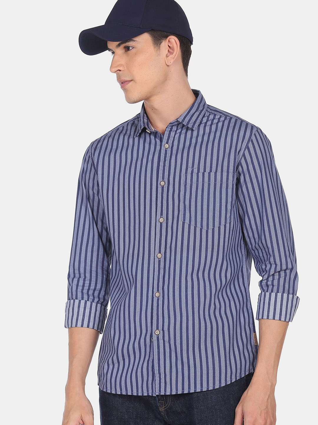 

Flying Machine Men Blue Regular Fit Striped Cotton Casual Shirt