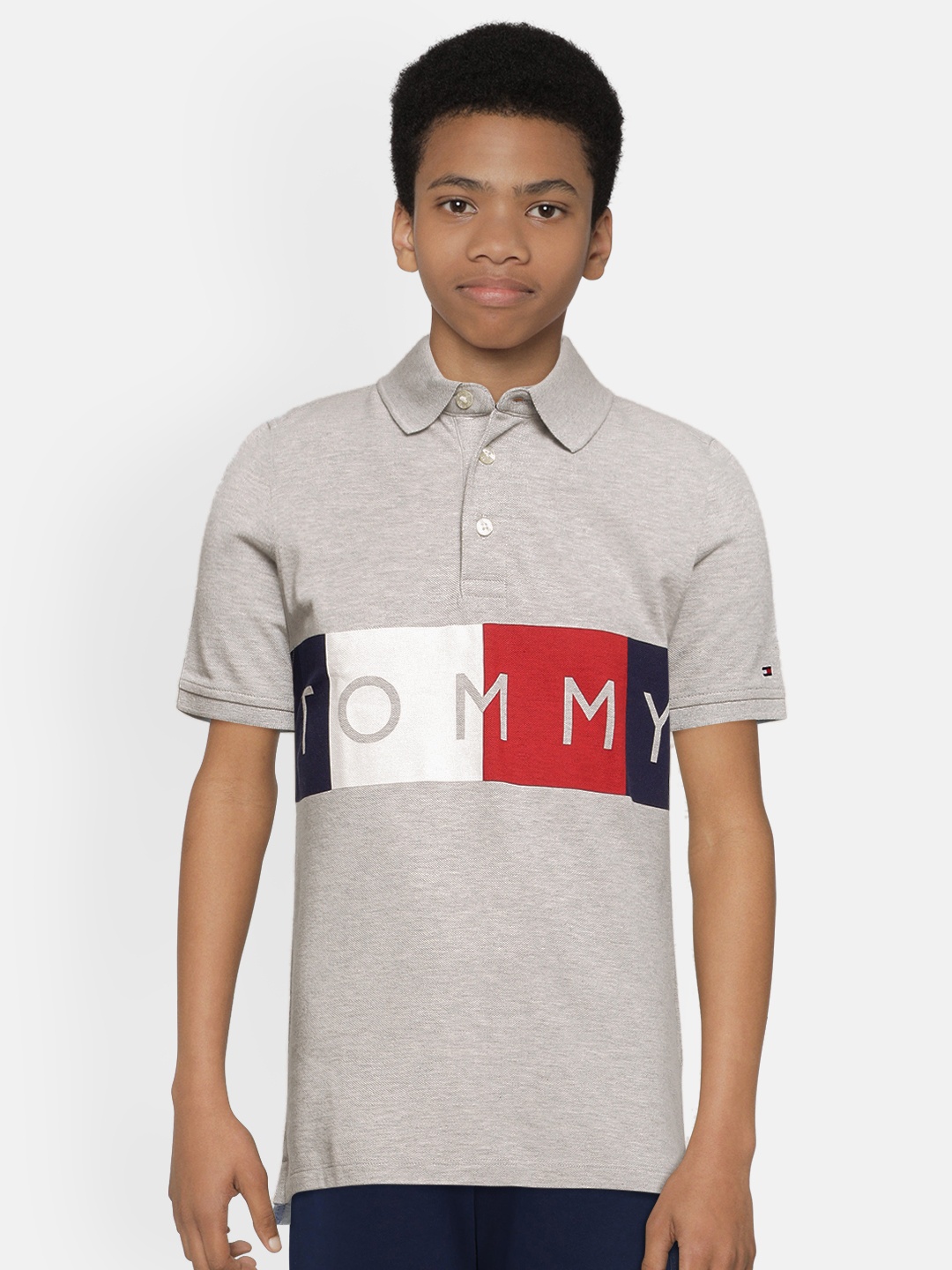 

Tommy Hilfiger Boys Grey Brand Logo Pure Cotton Polo Collar Pure Cotton T-shirt