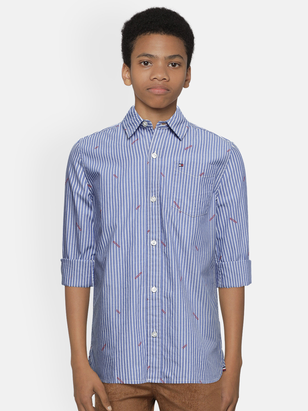 

Tommy Hilfiger Boys Blue & White Regular Fit Printed Pure Cotton Casual Shirt
