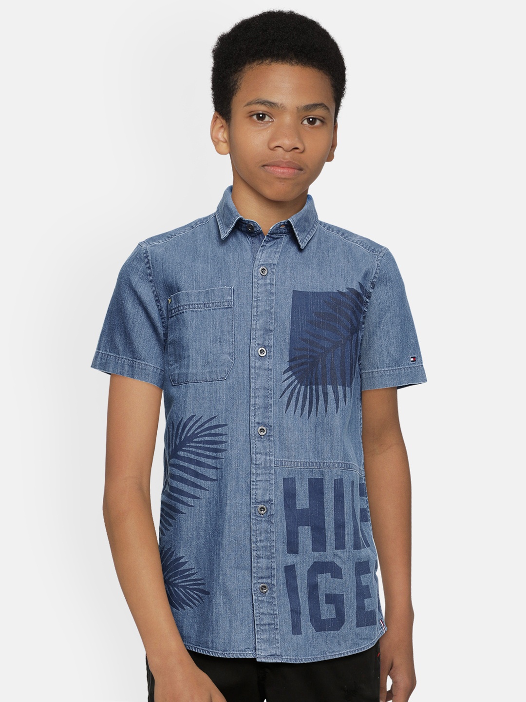 

Tommy Hilfiger Boys Blue Printed Pure Cotton Regular Fit Casual Denim Shirt