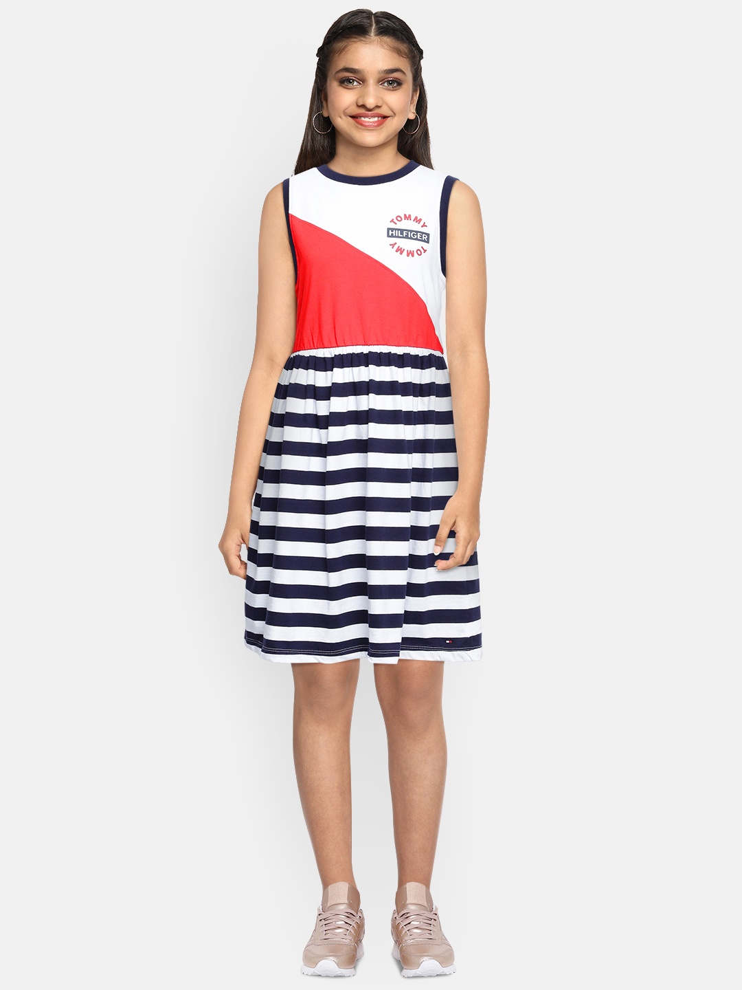 

Tommy Hilfiger Girls White & Navy Blue Striped Pure Cotton Fit & Flare Dress