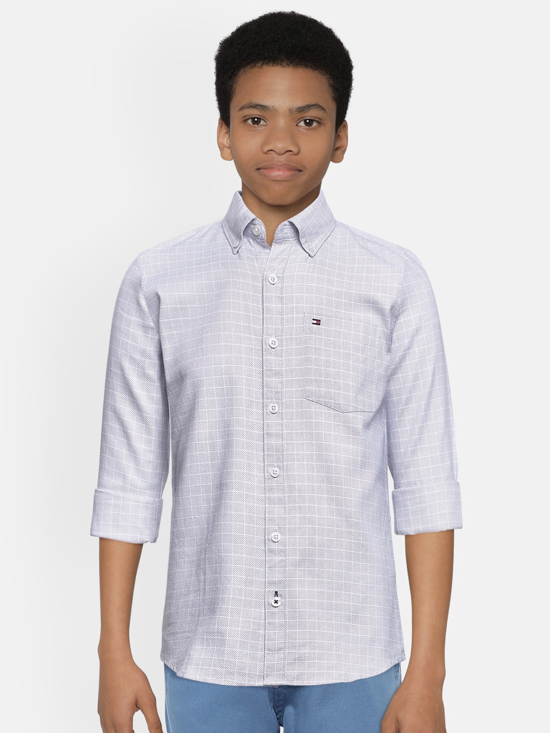 

Tommy Hilfiger Boys Lavender & White Checked Pure Cotton Tailored Fit Casual Shirt