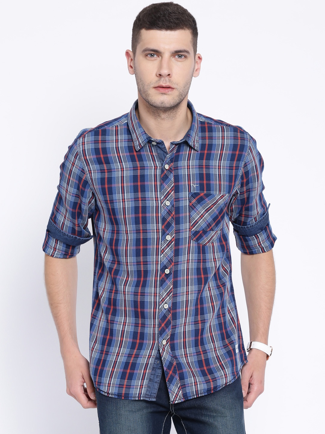 

Flying Machine Navy Checked Casual Shirt, Navy blue