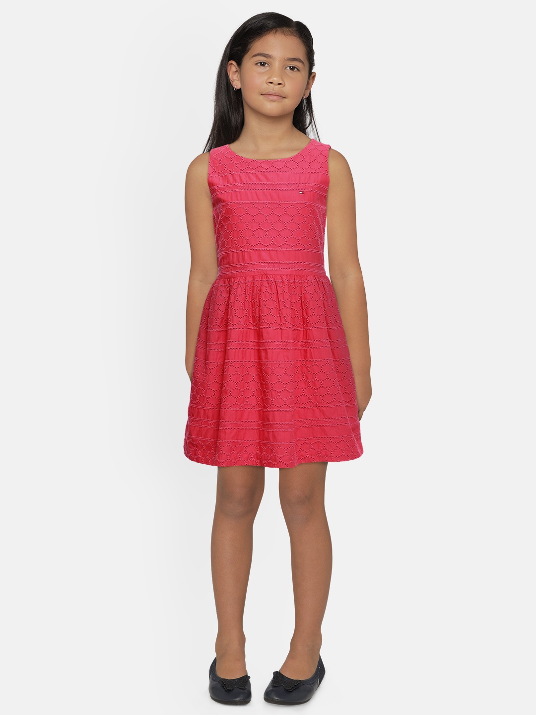 

Tommy Hilfiger Girls Red Self Design Pure Cotton Fit and Flare Dress