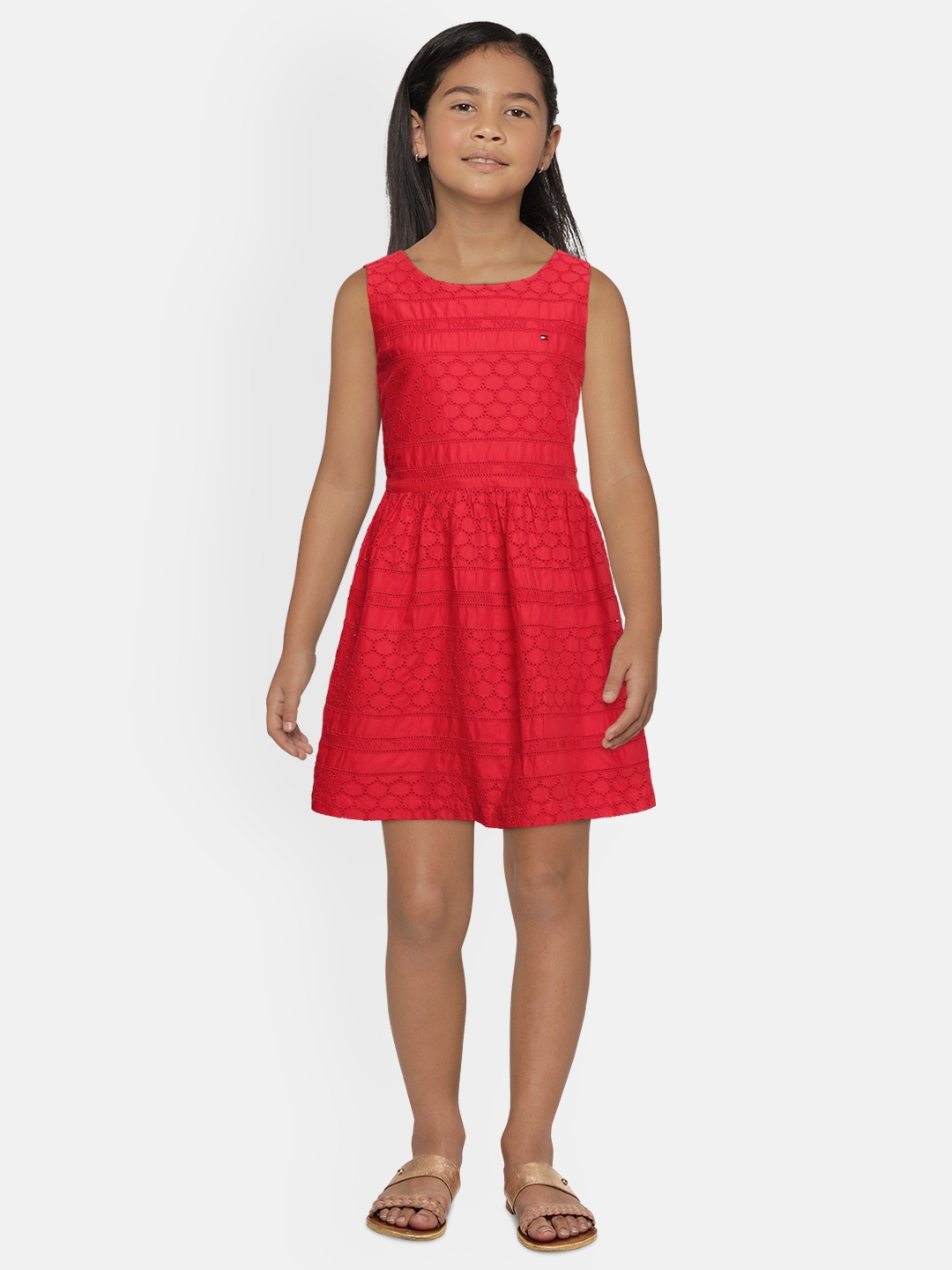 

Tommy Hilfiger Girls Red Self Design Pure Cotton Fit and Flare Dress