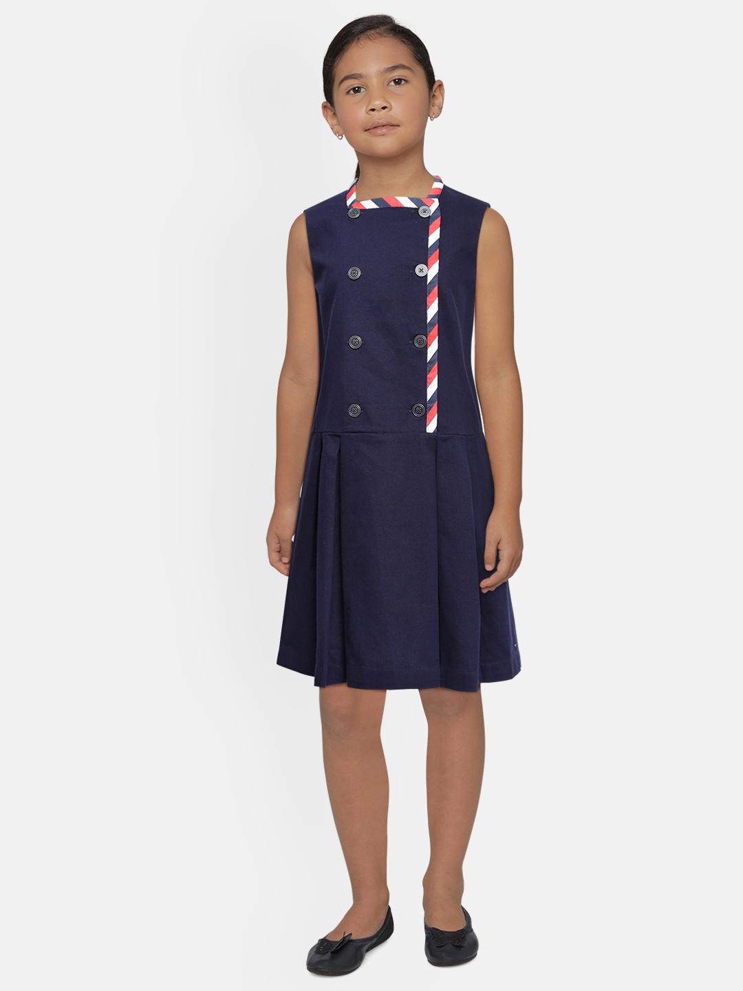 

Tommy Hilfiger Girls Navy Blue Solid Pure Cotton Fit and Flare Dress