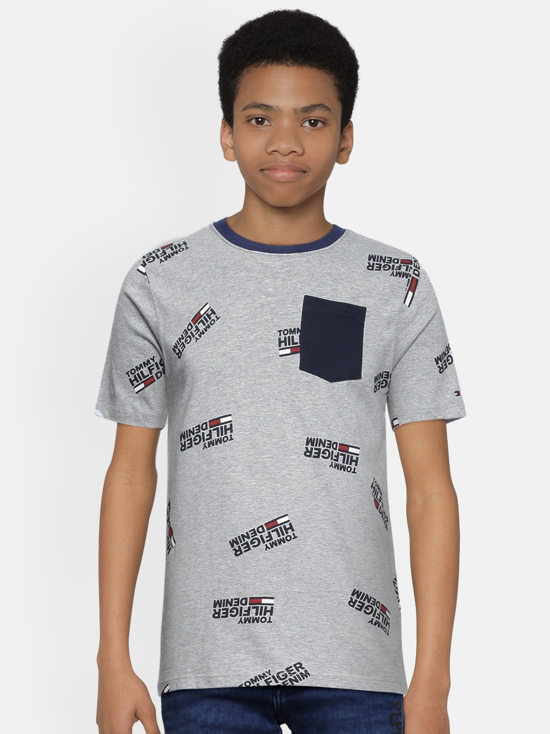 

Tommy Hilfiger Boys Grey Brand Logo Printed Round Neck Pure Cotton T-shirt