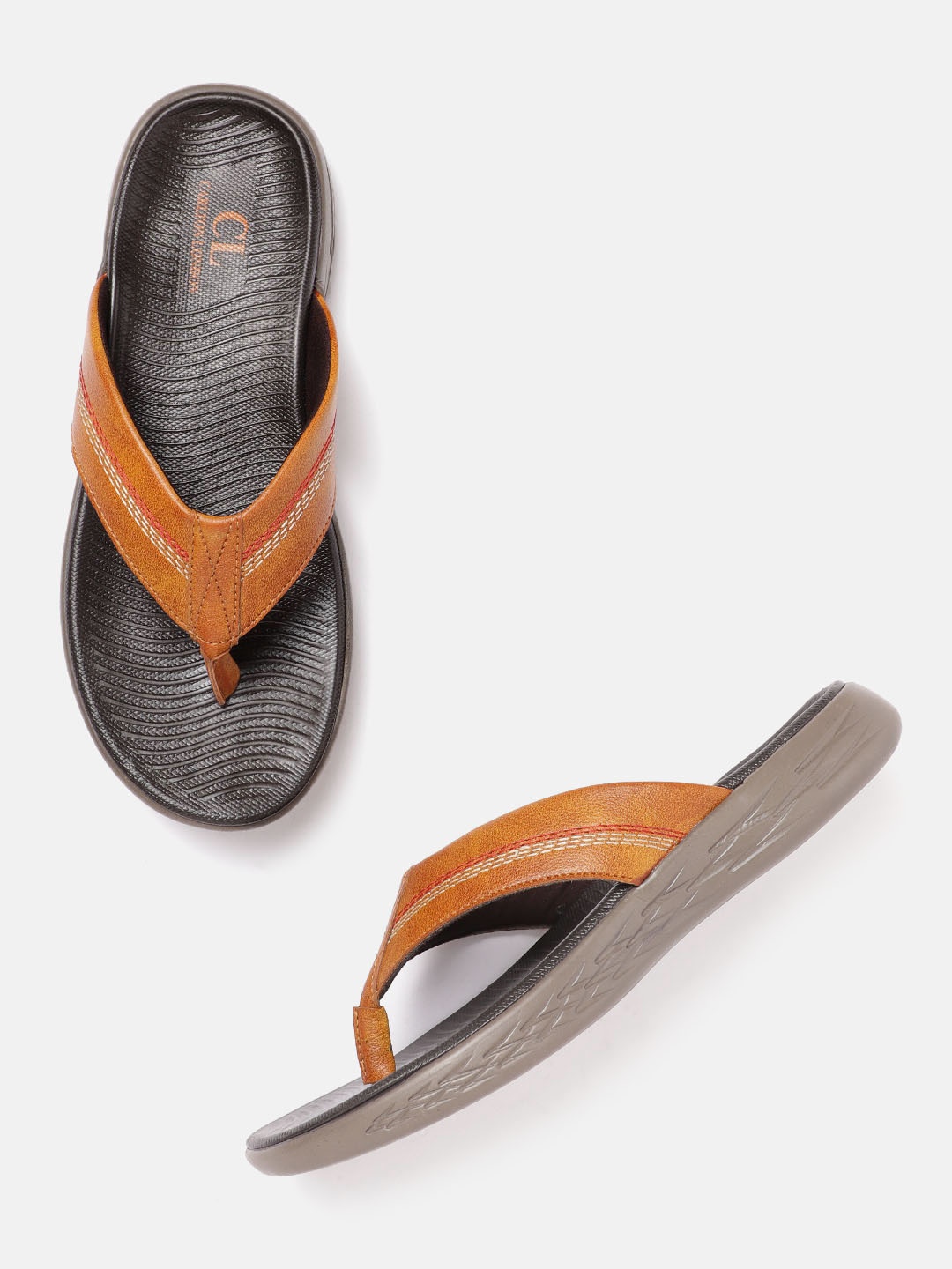 

Carlton London Men Tan Brown & Off-White Thread-Work Striped Comfort Sandals