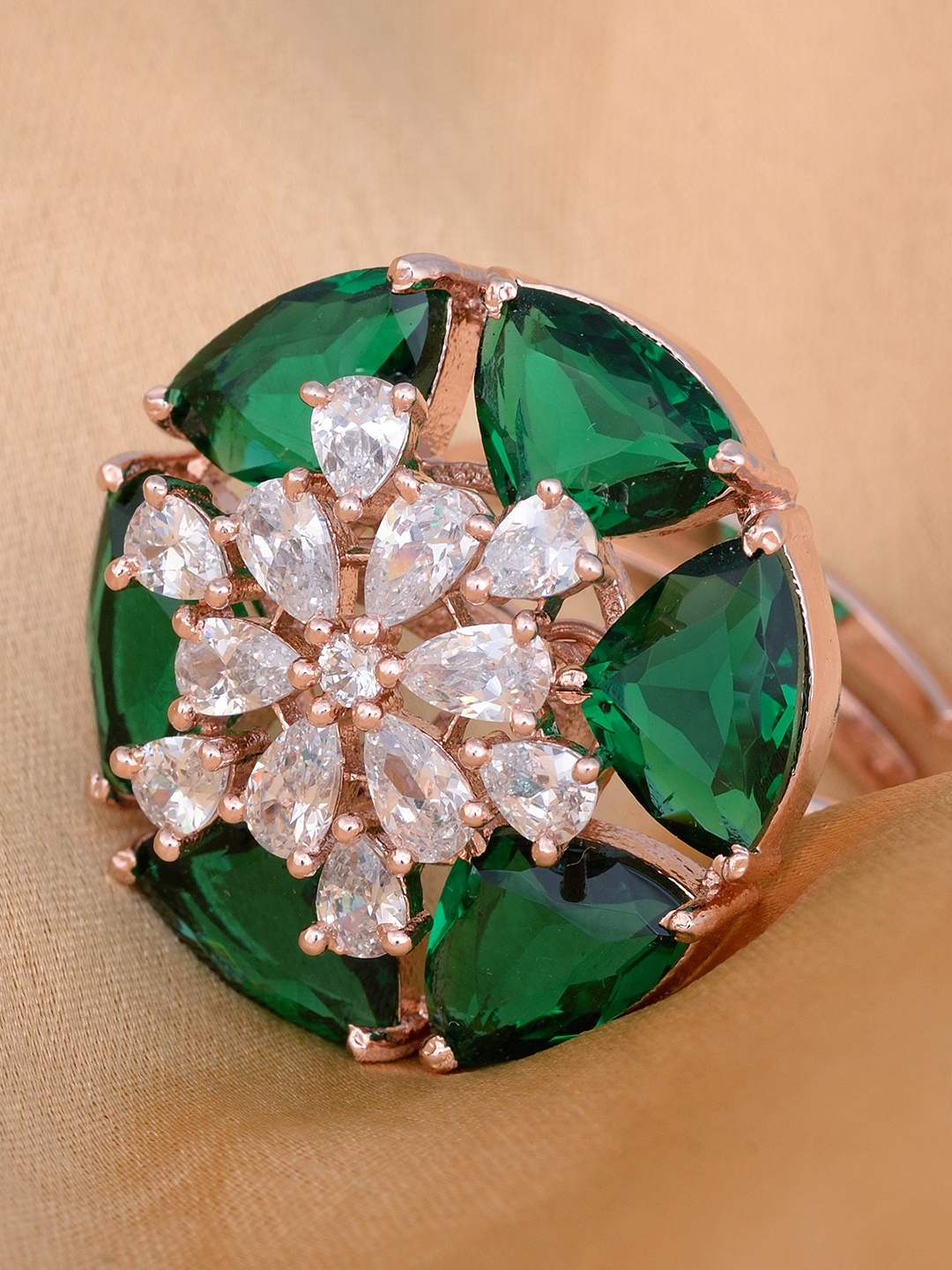 

Saraf RS Jewellery Rose Gold-Plated Green & White CZ-Studded Handcrafted Adjustable Finger Ring