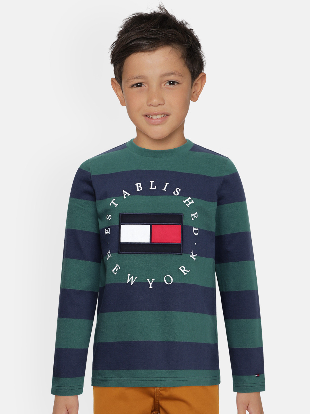 

Tommy Hilfiger Boys Navy Blue & Green Striped Round Neck T-shirt