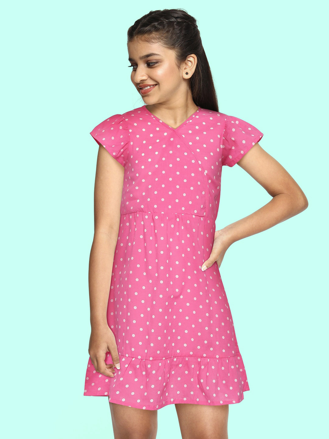 

YK Girls Pink & White Polka Dot Print Cotton A-Line Dress
