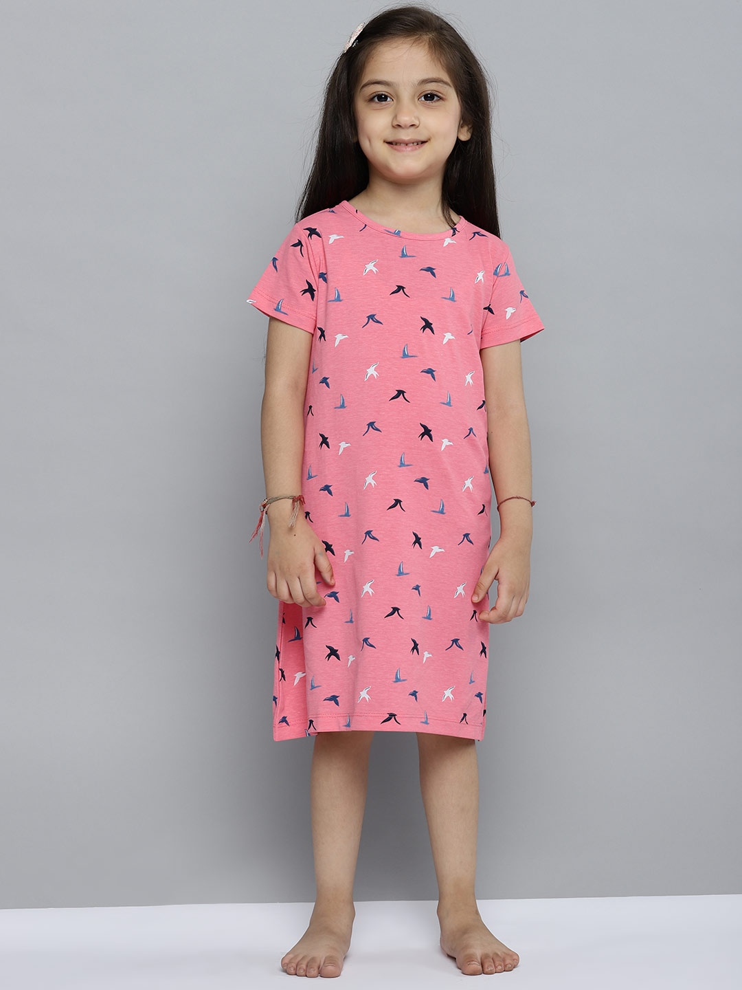 

YK Basics Girls Peach-Coloured & White Bird Print Pure Cotton Nightdress