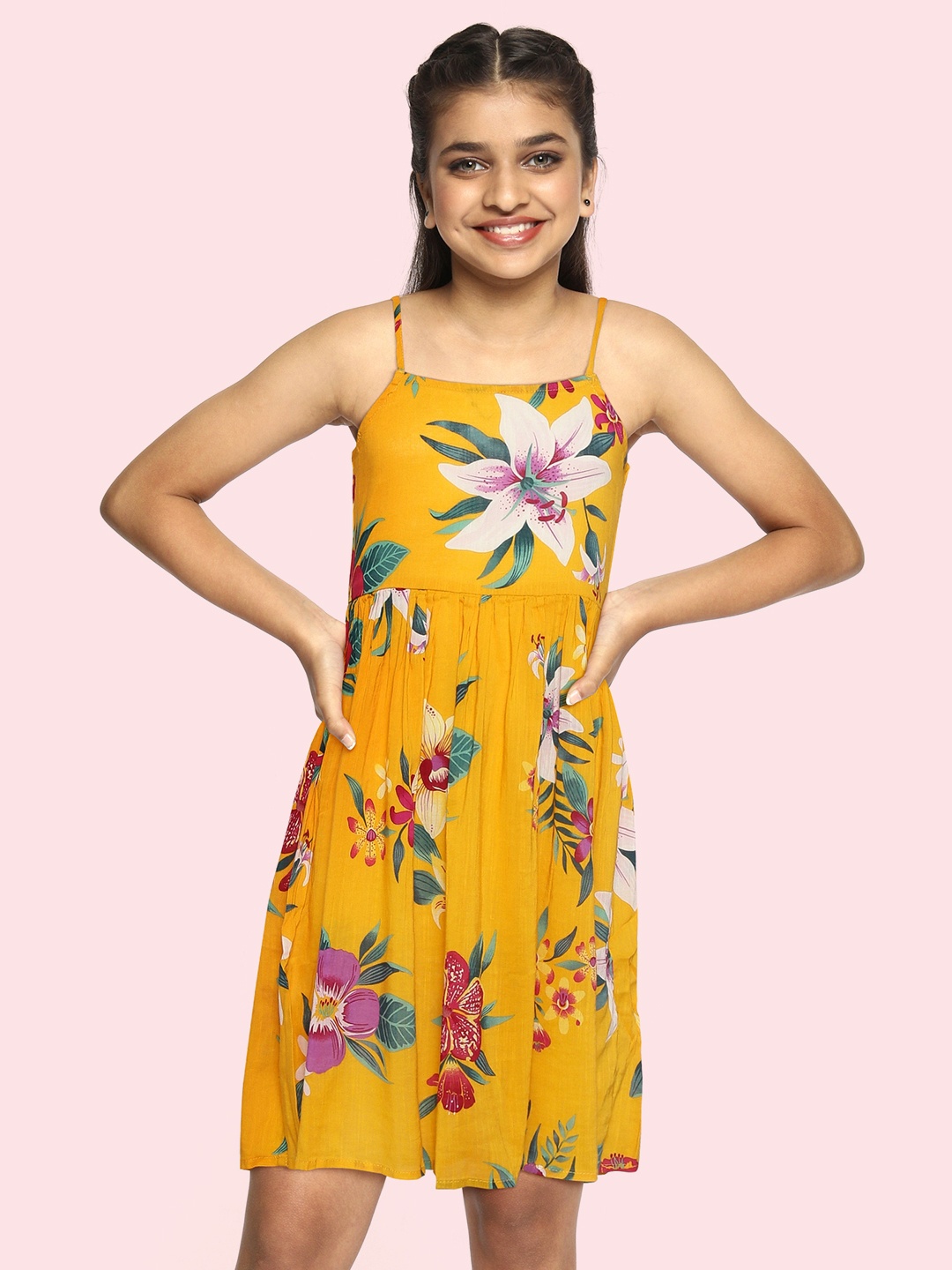 

YK Girls Mustard Yellow & White Pure Cotton Floral Fit & Flare Dress