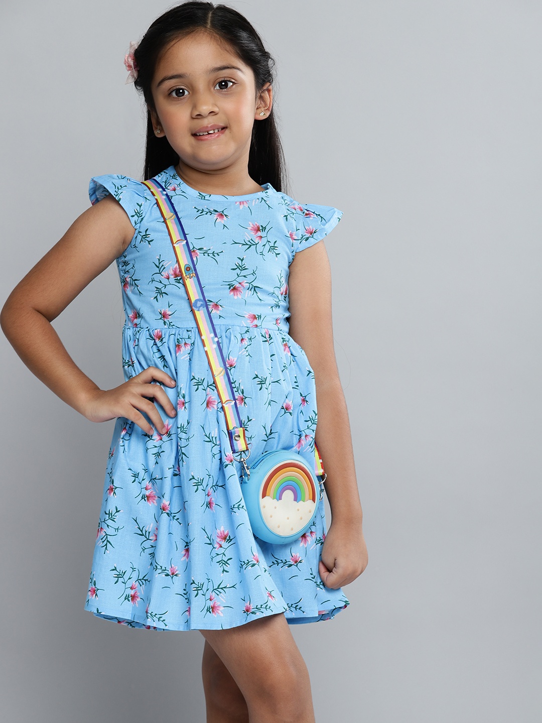 

YK Girls Blue & Pink Floral Print Fit & Flare Dress