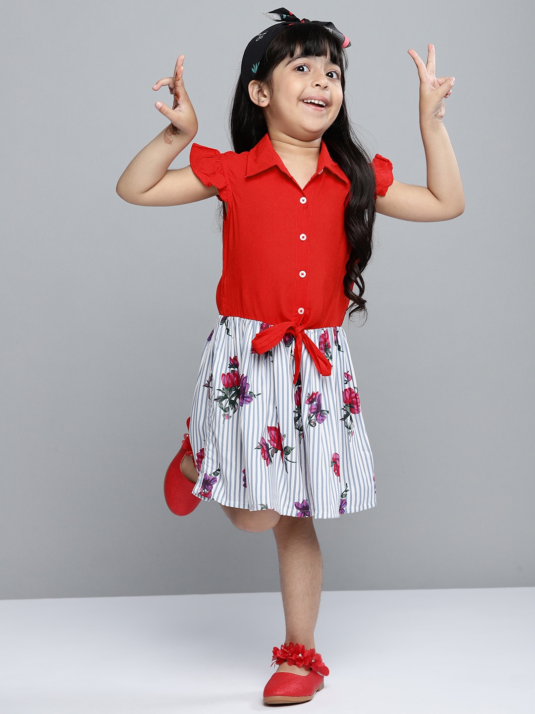 

YK Girls Red & White Floral A-Line Dress