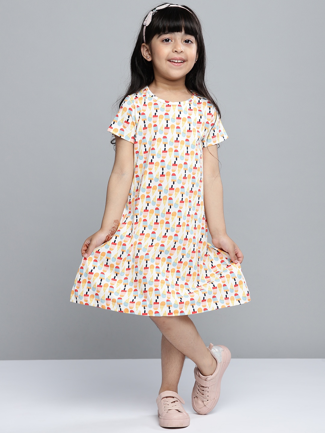 

YK Basics Girls White & Yellow Ice Cream Print Pure Cotton Nightdress