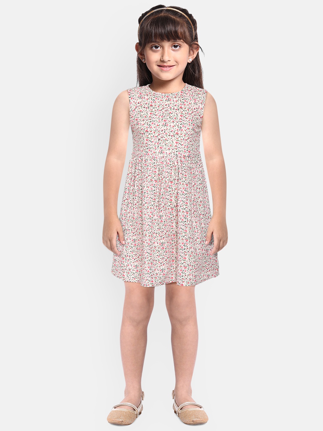 

YK Girls White & Pink Floral Print Fit and Flare Dress with Gathers