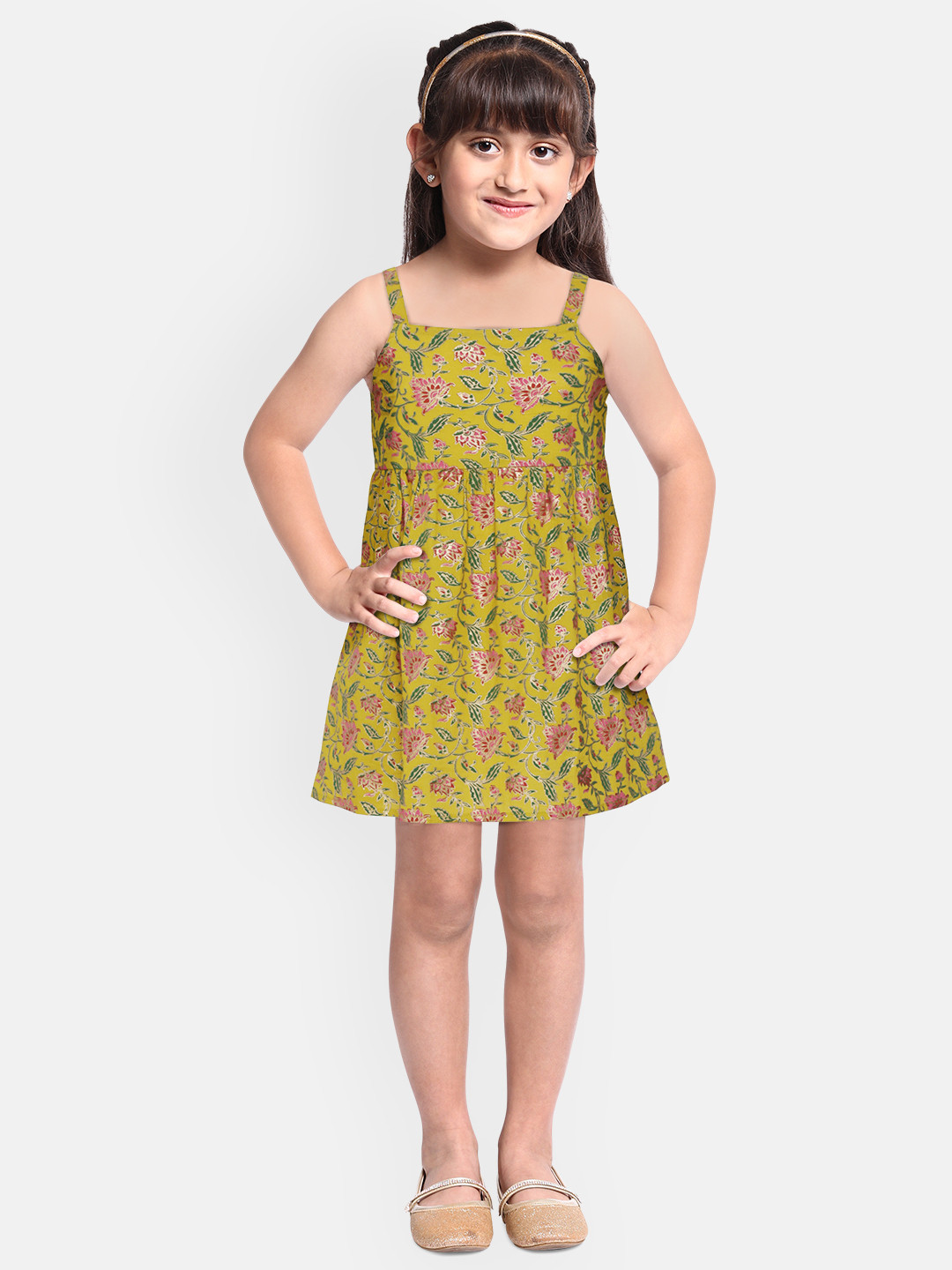 

YK Girls Green & Pink Ethnic Motifs Fit & Flare Dress