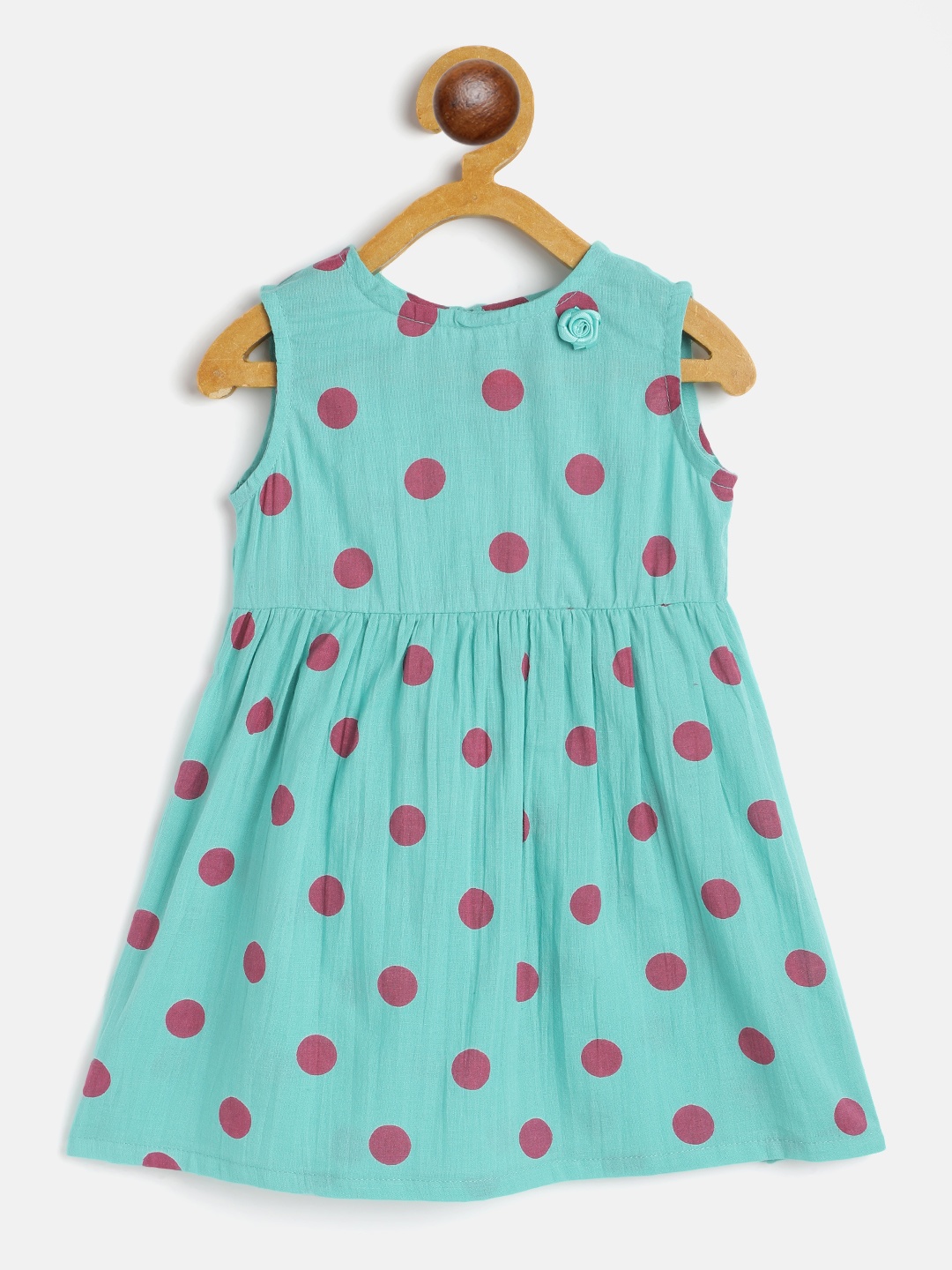 

YK Infant Girls Blue & Pink Polka Dot Print Pure Cotton Fit and Flare Dress with Gathers