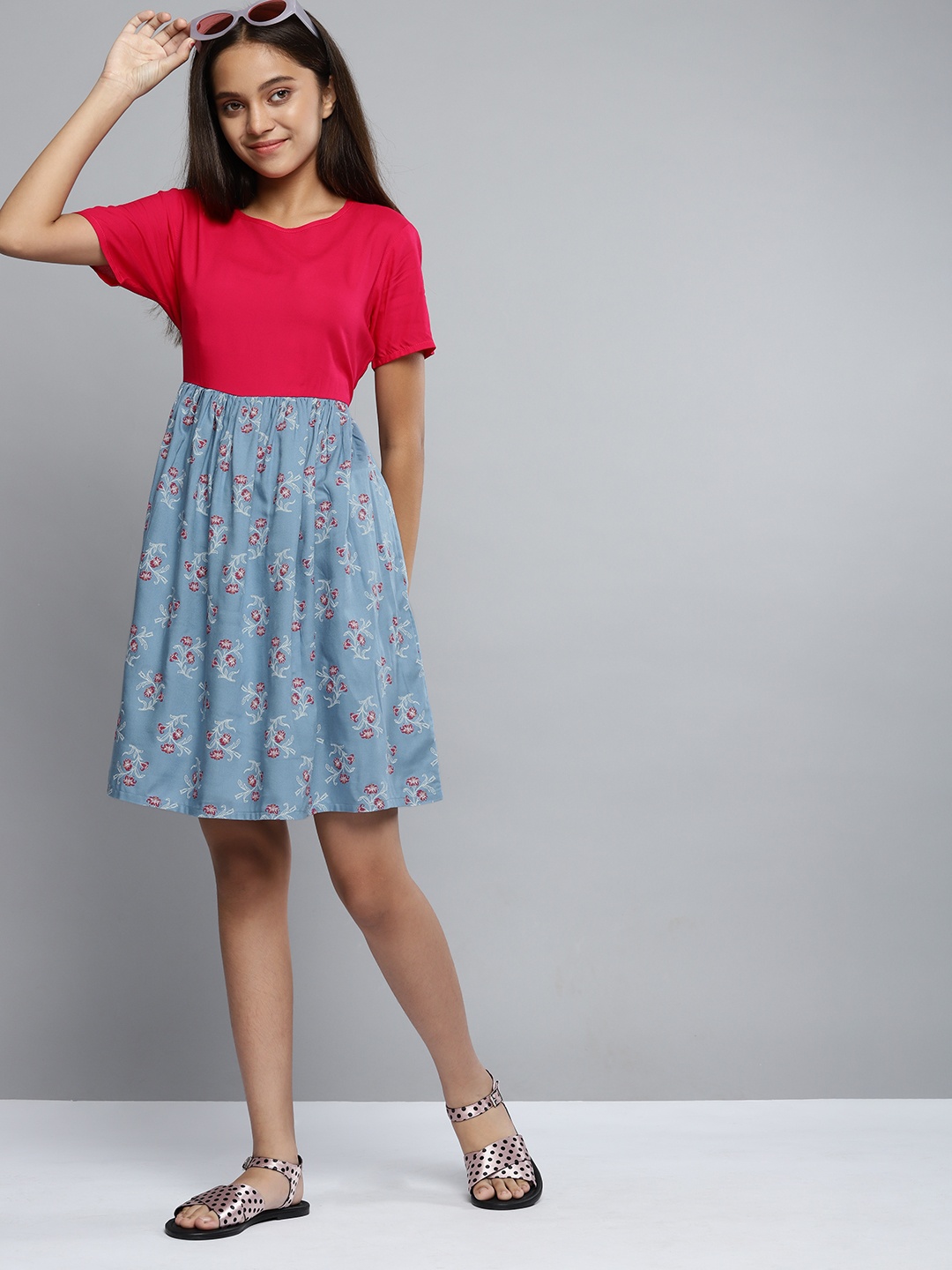 

YK Girls Red & Blue Floral Print A-Line Dress