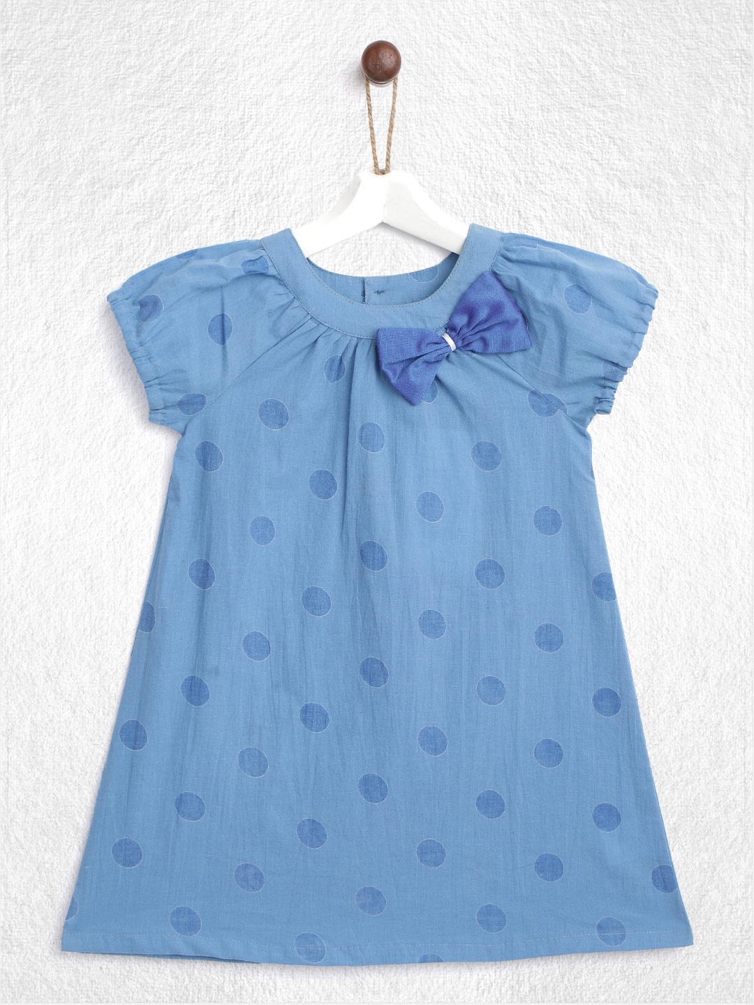 

YK Infant Girls Blue Pure Cotton Polka Dot Printed A-Line Dress