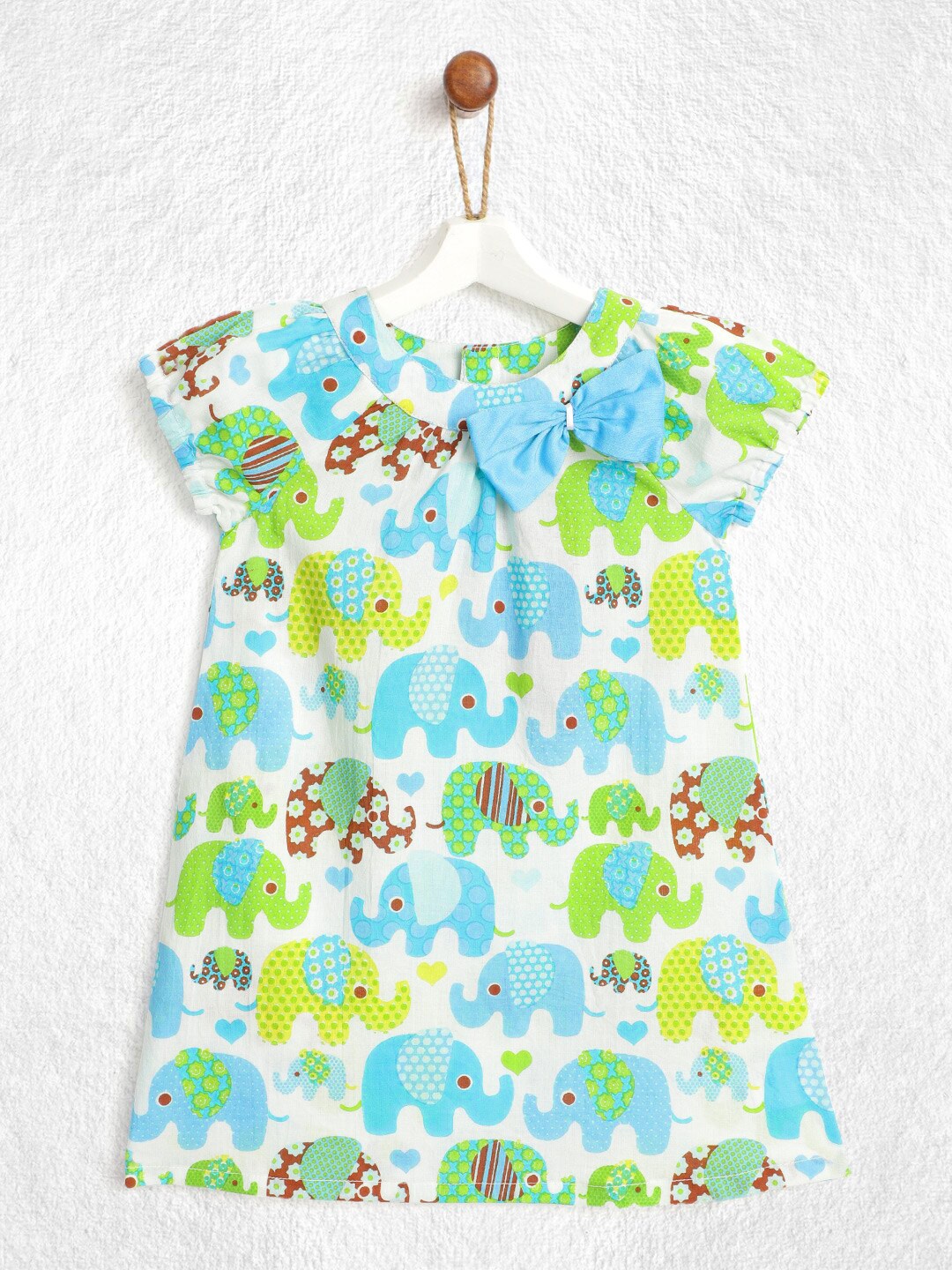 

YK Infant Girls Blue & Lime Green Elephant Print Pure Cotton Shift Dress