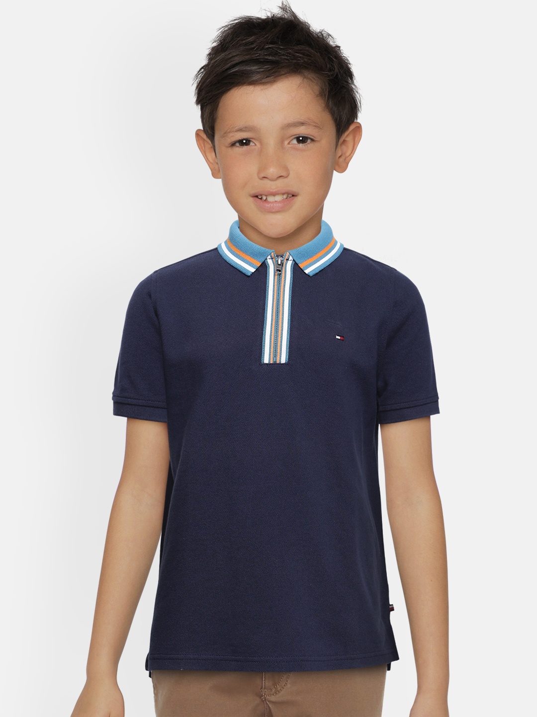 

Tommy Hilfiger Boys Navy Blue Solid BB AI ZIP Polo Collar Cotton T-shirt