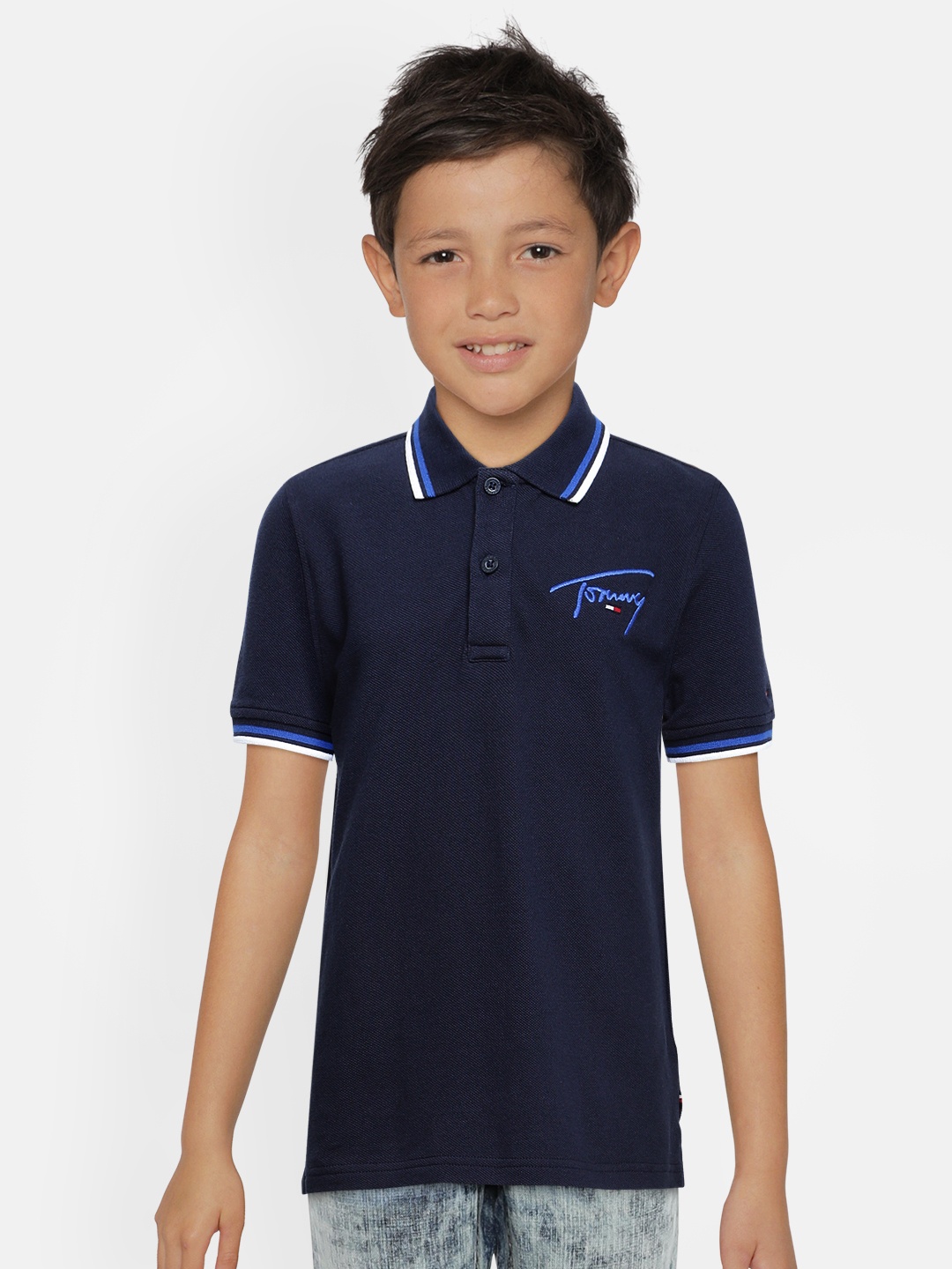

Tommy Hilfiger Boys Navy Blue Solid Pure Cotton Polo Collar Pure Cotton T-shirt