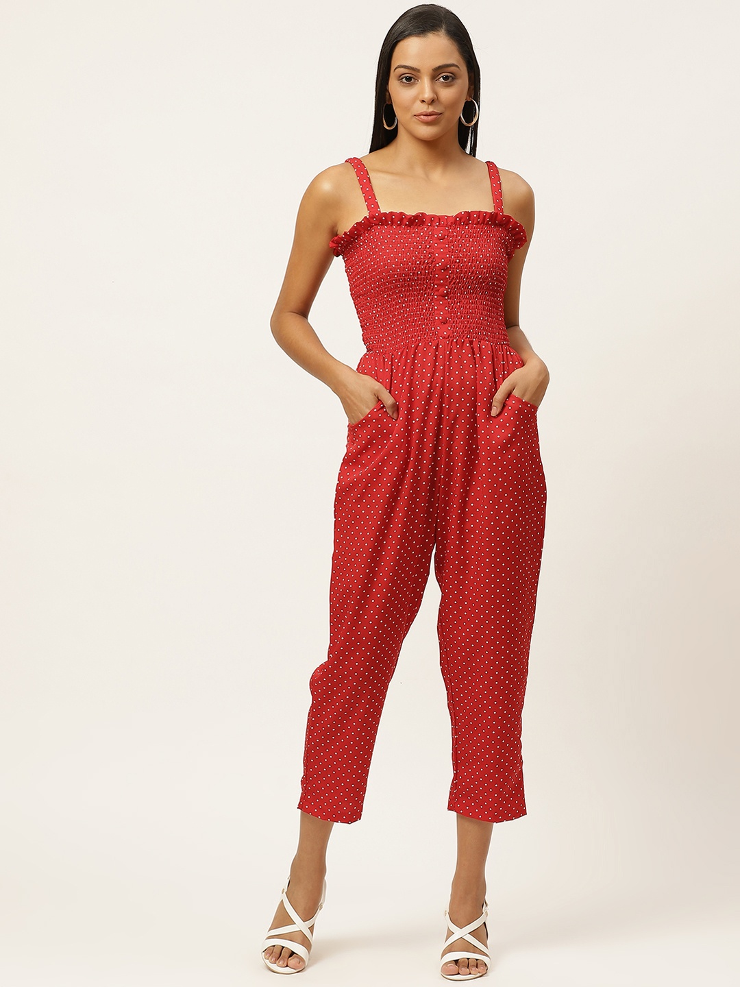 

U&F Women Red & White Polka Dot Print Smocked Capri Jumpsuit