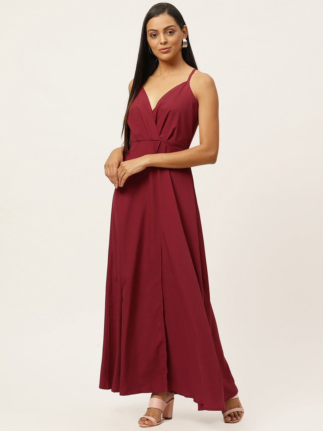 

U&F Women Maroon Solid Maxi Dress