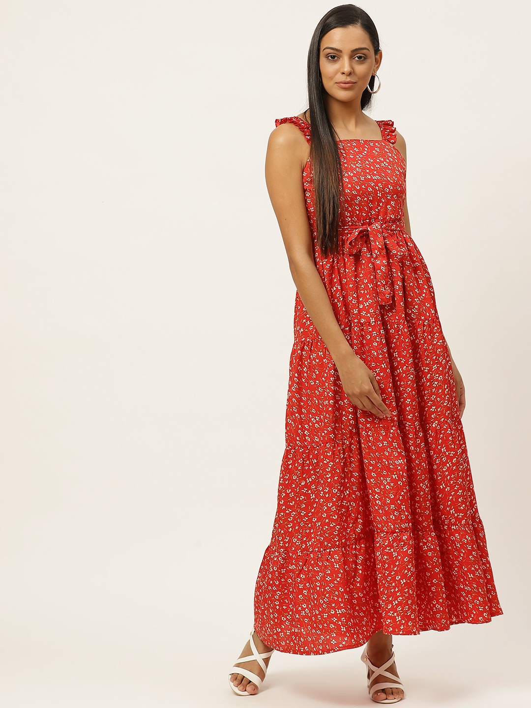 

U&F Women Red Floral Printed Tiered A-Line Dress