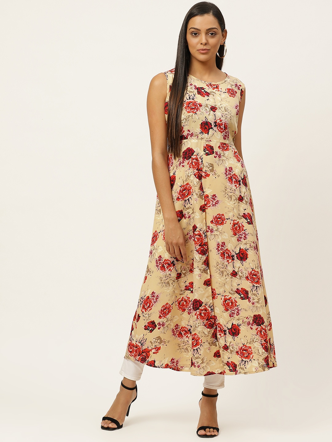 

U&F Women Beige & Maroon Floral Printed A-Line Dress