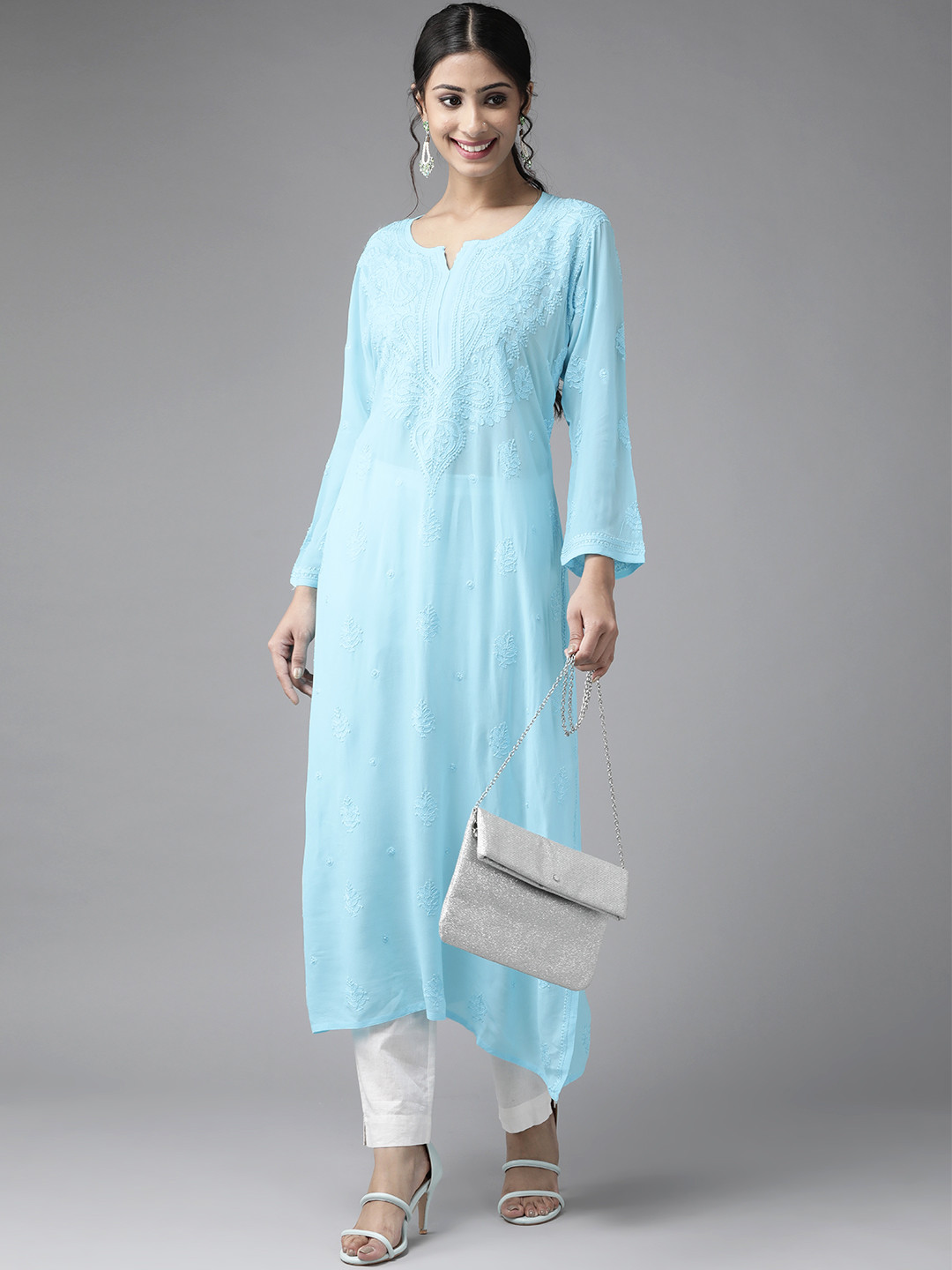 

ADA Women Blue Ethnic Motifs Hand Embroidered Chikankari Handloom Kurta