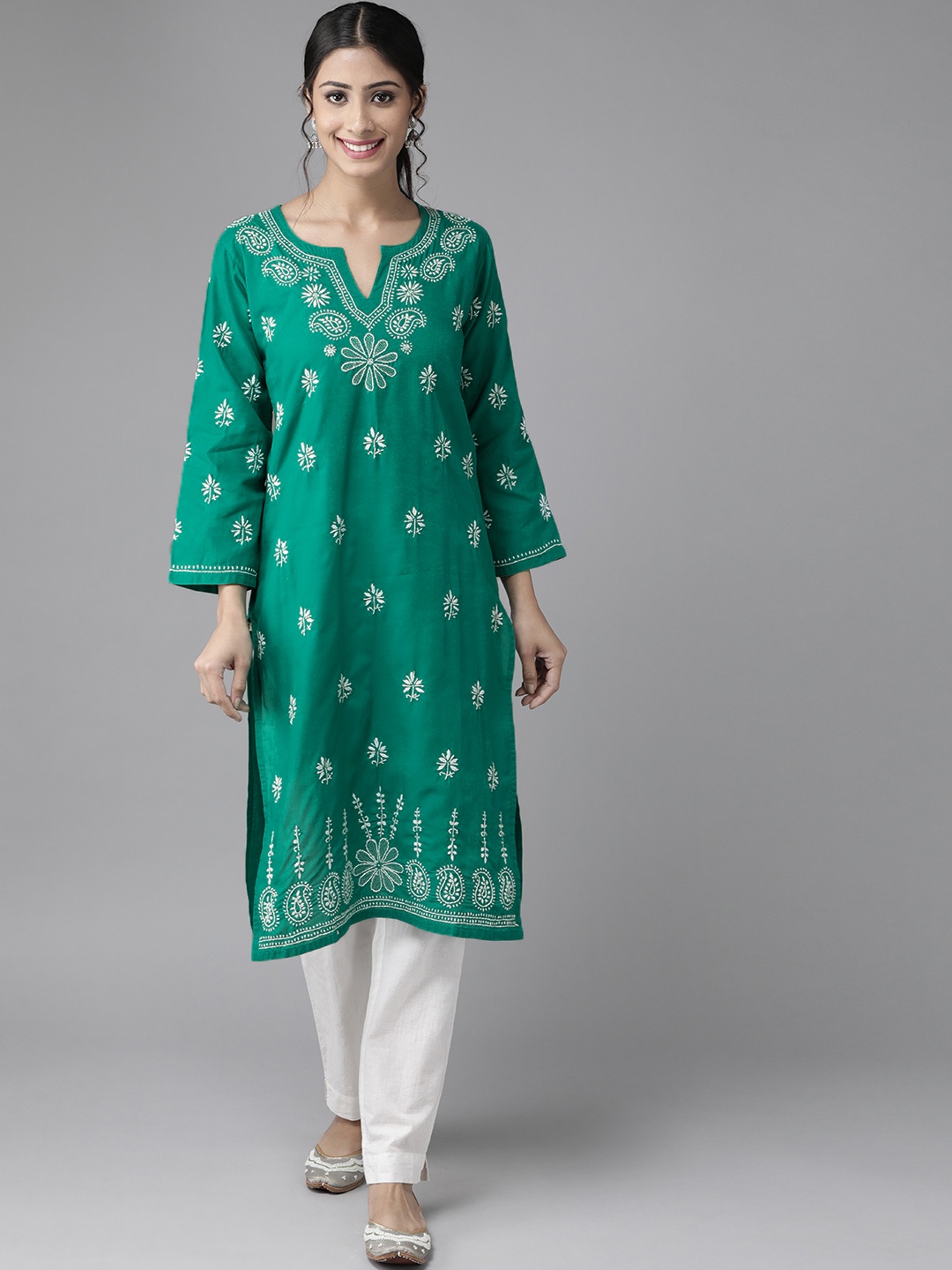 

ADA Women Green & White Ethnic Motifs Embroidered Pure Cotton Chikankari Handloom Kurta