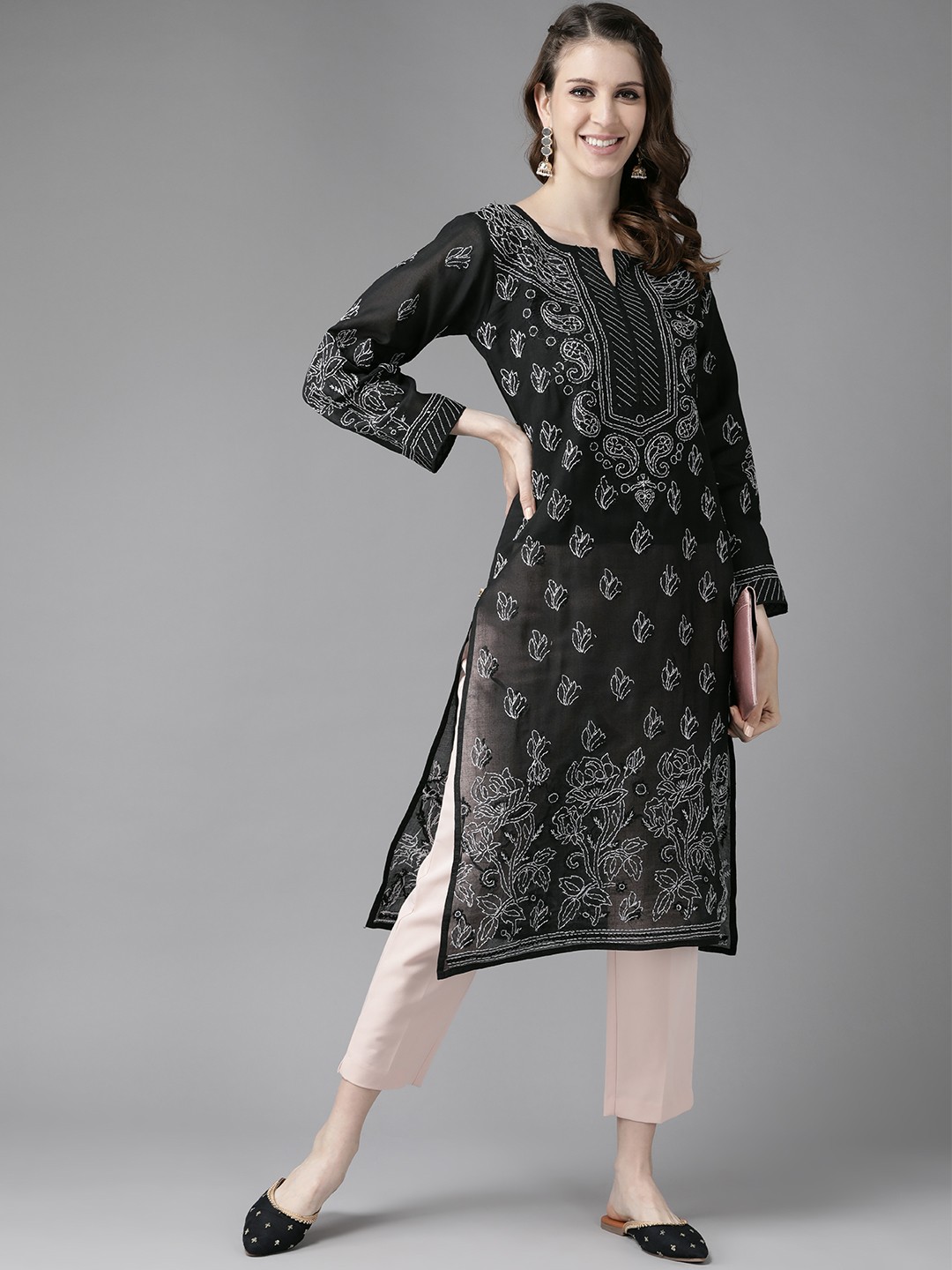 

ADA Women Black & White Cotton Sustainable Ethnic Motifs Hand Embroidered Chikankari Kurta
