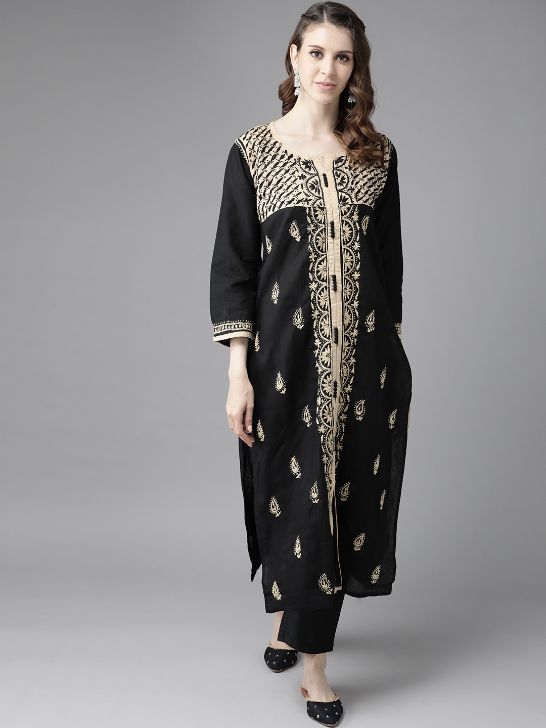 

ADA Women Black & Beige Ethnic Motifs Embroidered Pure Cotton Chikankari Handloom Kurta
