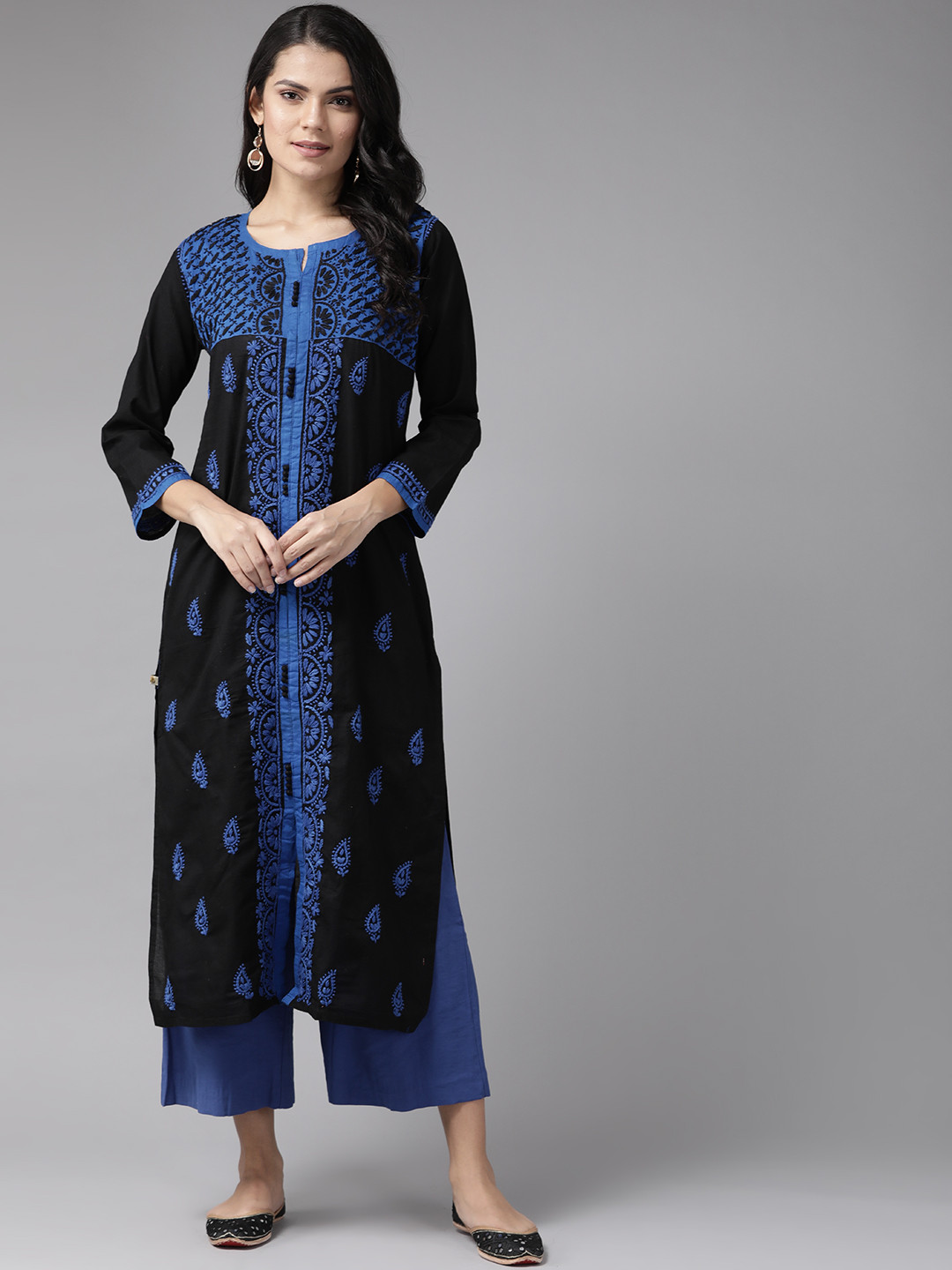 

ADA Women Black & Blue Sustainable Cotton Ethnic Motifs Hand Embroidered Chikankari Handloom Kurta