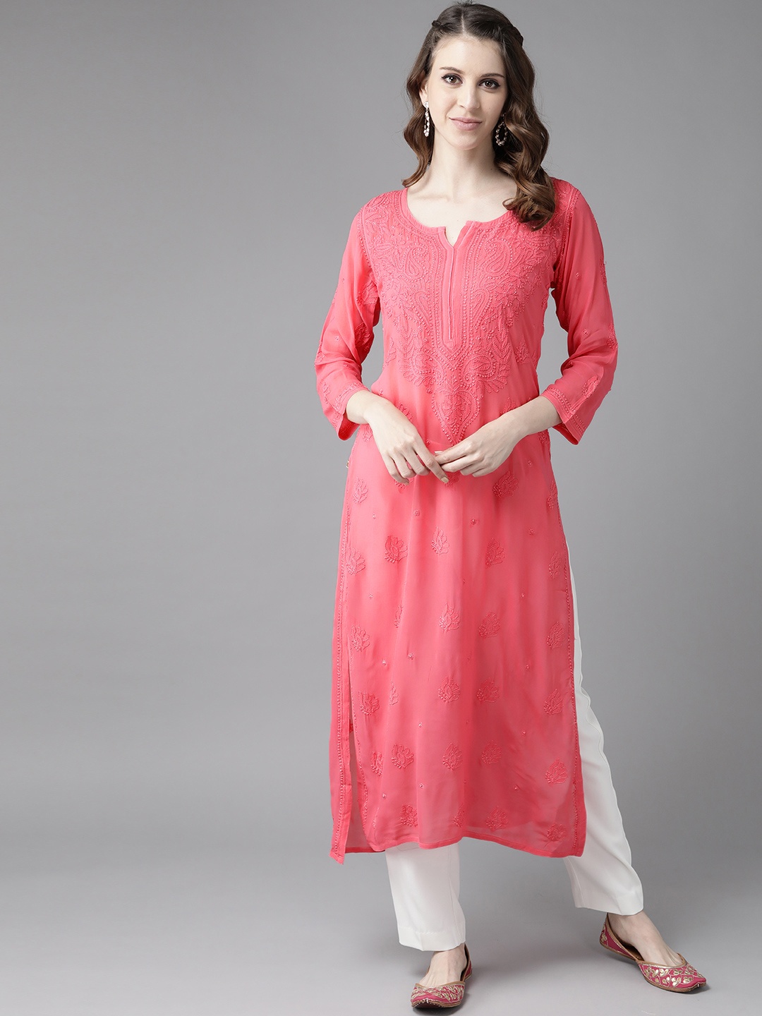 

ADA Women Pink Ethnic Motifs Embroidered Chikankari Georgette Handloom Kurta