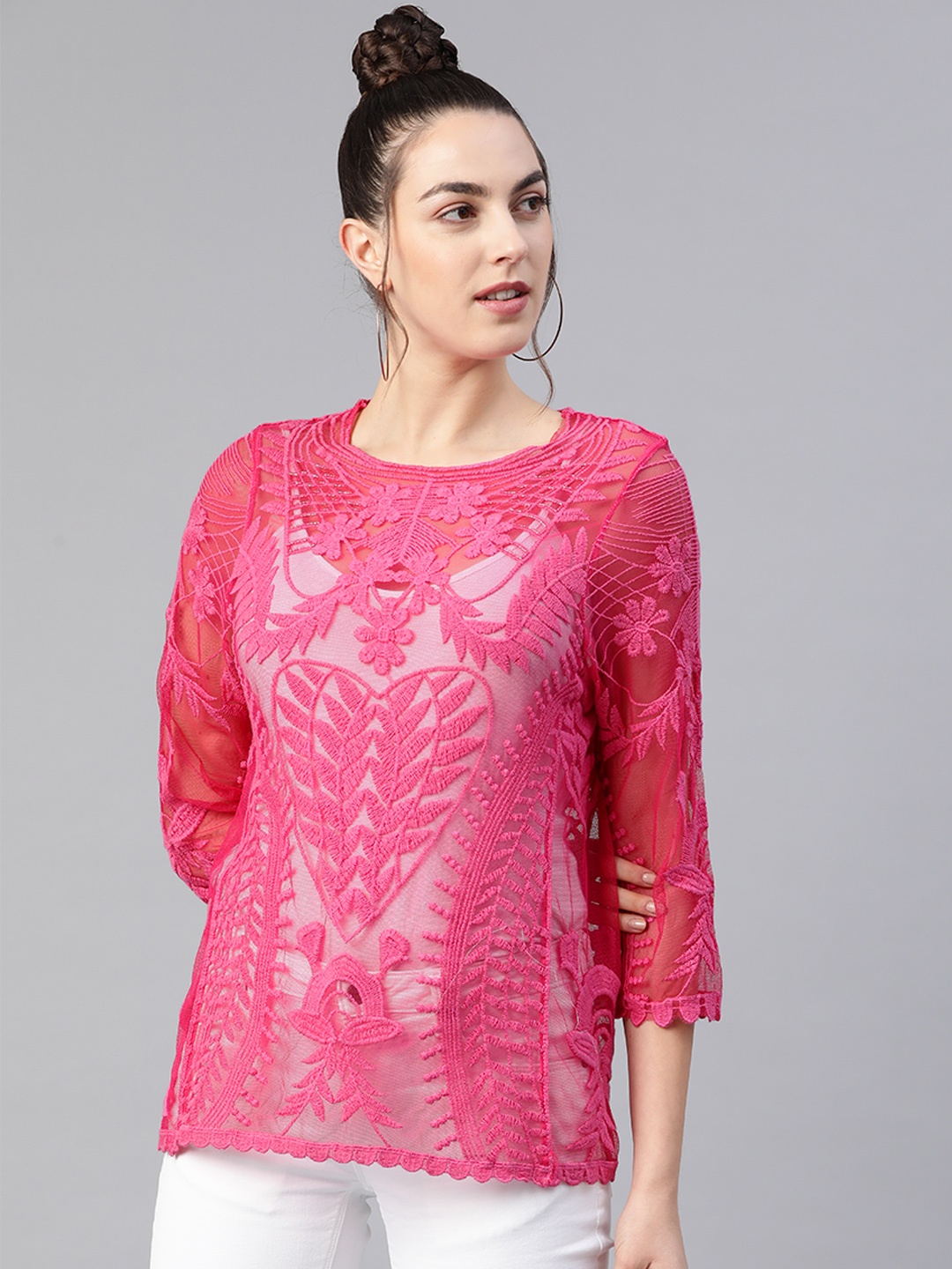 

KASSUALLY Women Pink Sheer Floral Embroidered Net Top