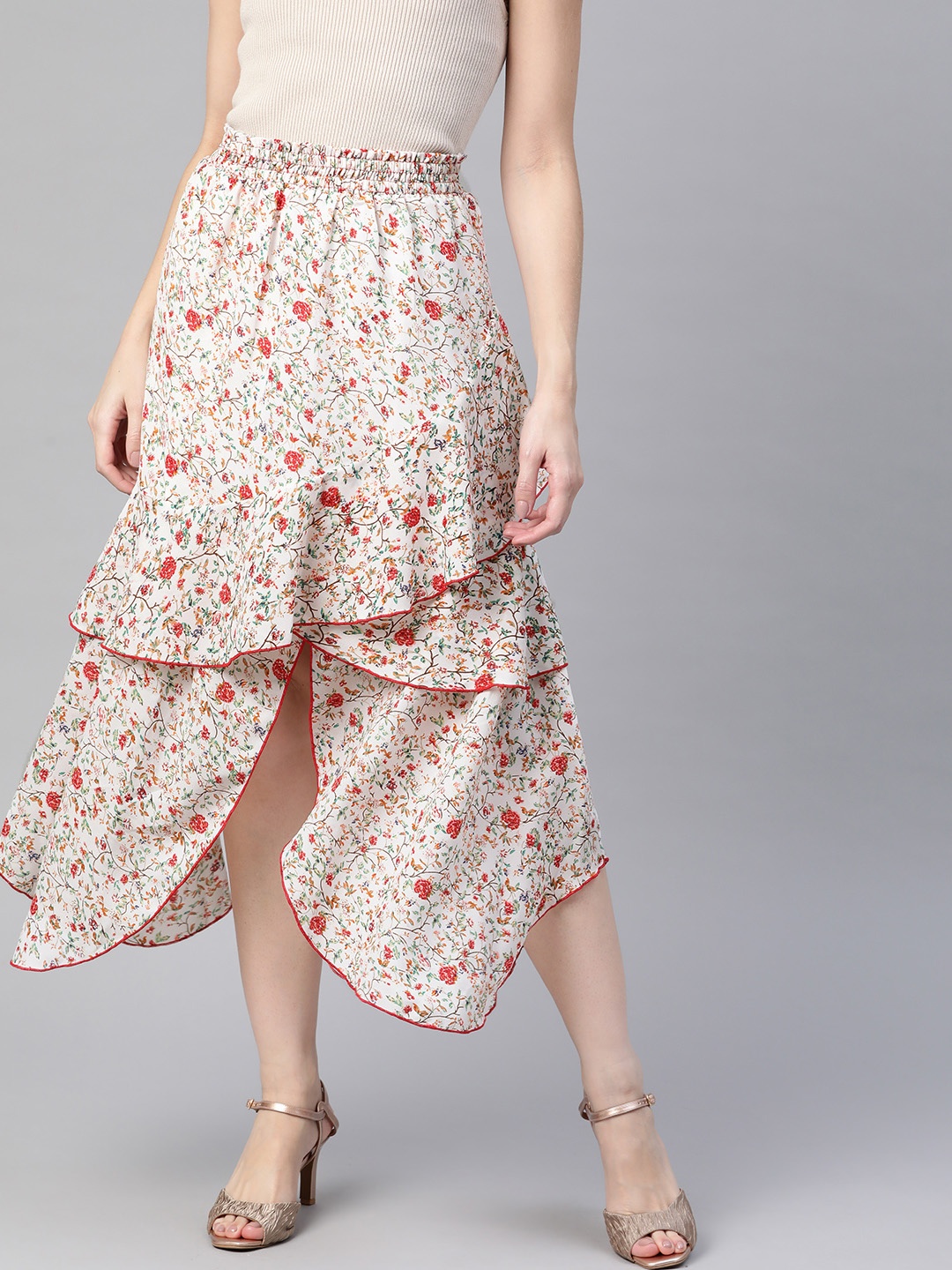 

KASSUALLY Women Off-White & Red Floral Printed Tulip Skirt