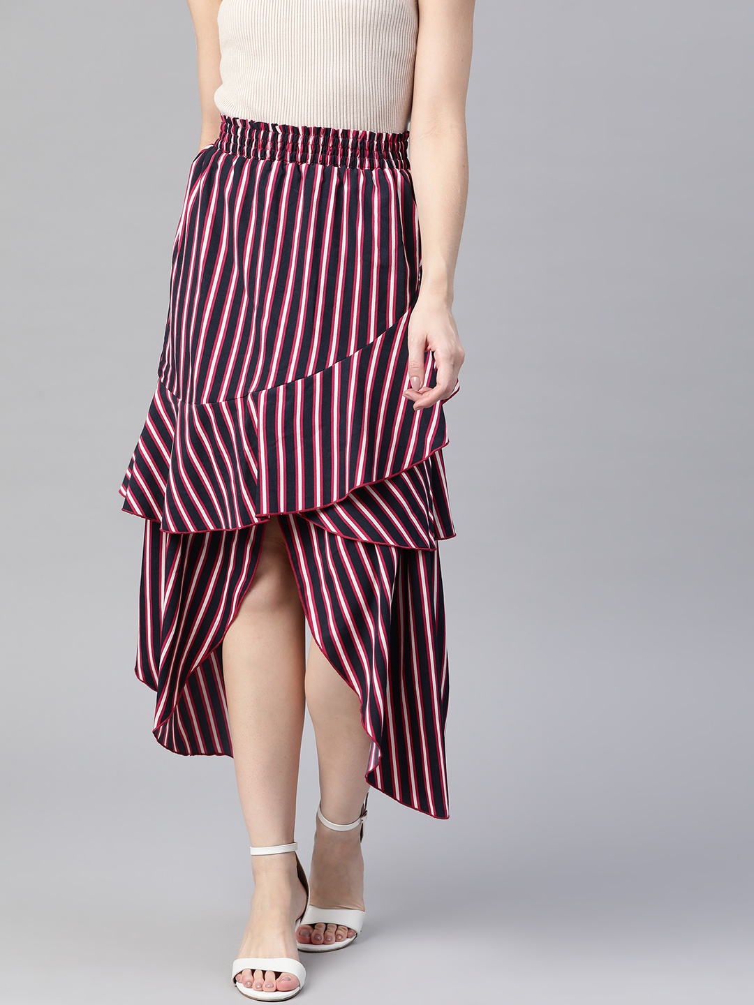 

KASSUALLY Women Black & Pink Striped Tulip Skirt