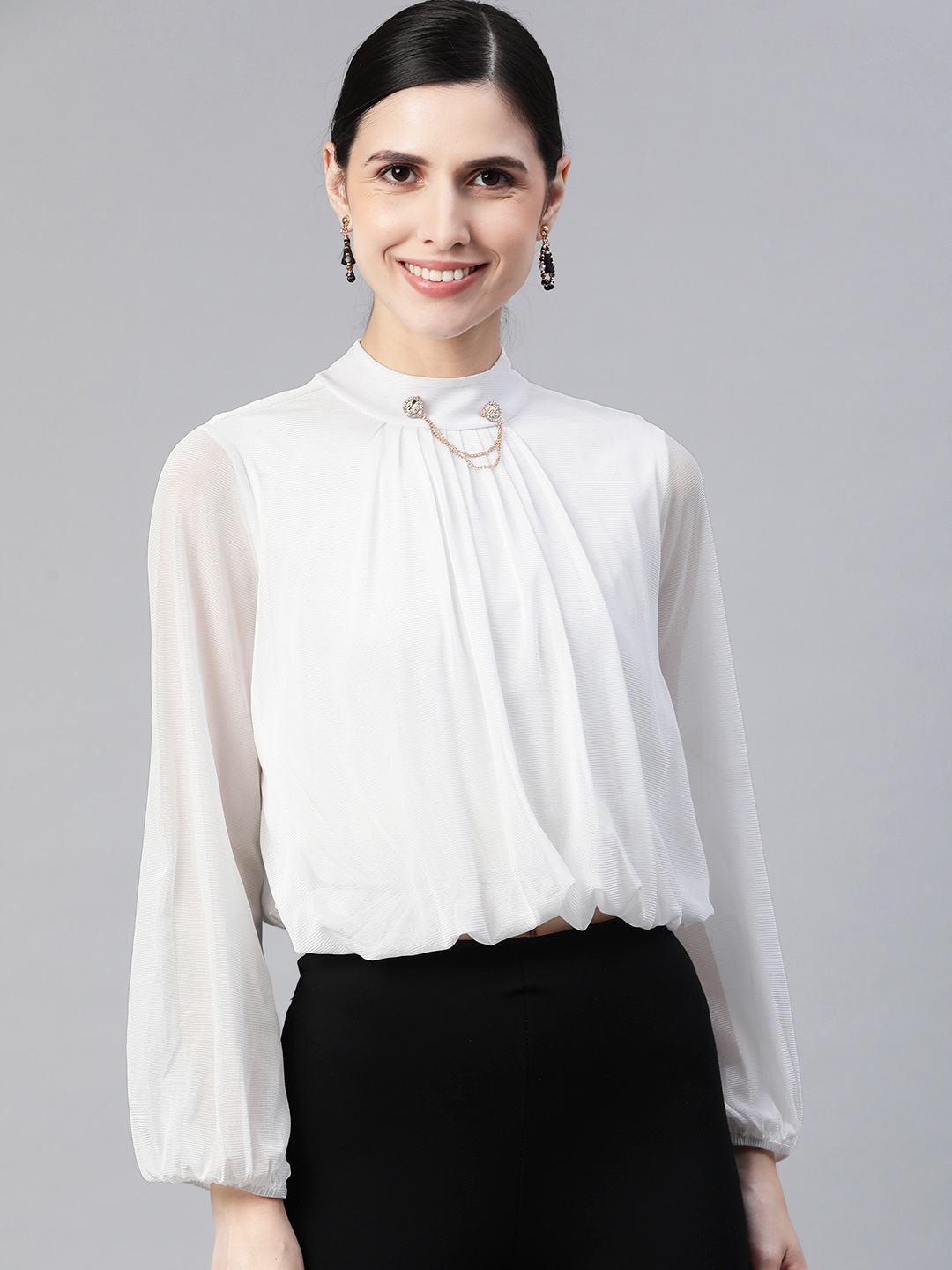 

KASSUALLY Women White Puff Sleeves Mesh Net Blouson Top