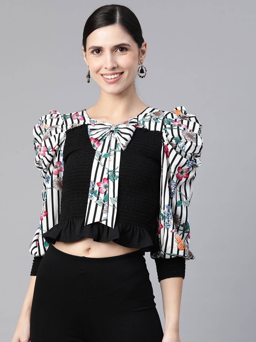 

KASSUALLY Women Black & White Printed Smocked Puff Sleeves Fitted Top