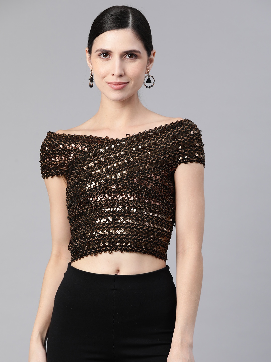 

KASSUALLY Women Brown & Black Sequinned Off-Shoulder Bardot Crop Top