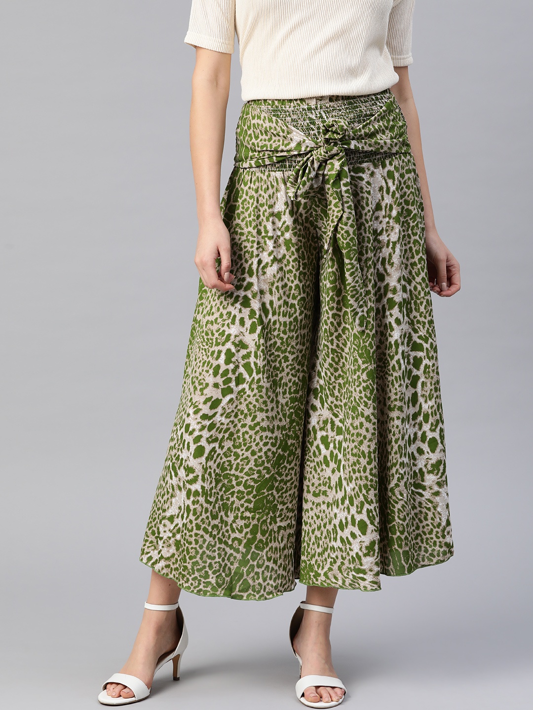 

KASSUALLY Women Green & Beige Leopard Printed Flared Crop Palazzos